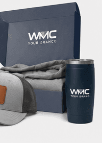 Branded welcome kit with box, cap, apparel and tumbler